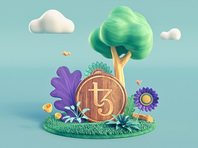 Eco Crypto 3d bitcoin cinema 4d clean energy coin crypto cryptocurrency future hero image illustration nft octane octane render technological tezos token xtz