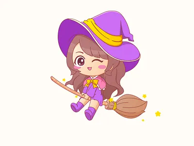 Witch adorable broomstick cartoon character characterdesign design girl illustration logo sweet vector witch