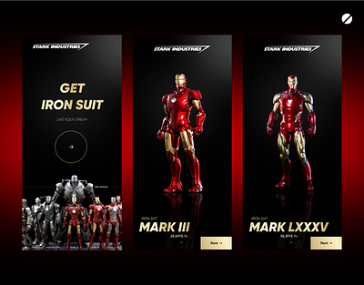 Stark Industries Iron man suit shop app app app ui beautidul branding dark design e commerce elegent gold illustration iron man marvel minimal mobile mobile ui red rent shop suit ui