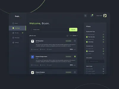 Findr - Job Board app black clean dark design figma green job job board minimal ui ux