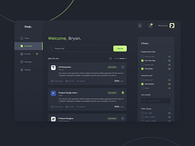 Findr - Job Board app black clean dark design figma green job job board minimal ui ux