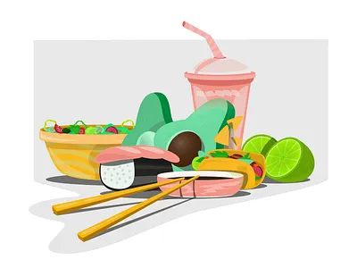 Food Delivery avocado drinks fizzy food fruits iced illustration illustration art lemons lime nachos salad sticks sushi taco tomato veggie