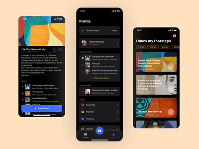Street art tours app app art cards dark dark theme detail screen gamification ios mentalstack mobile mobile design native profile settings street street art streetart tour ui ux