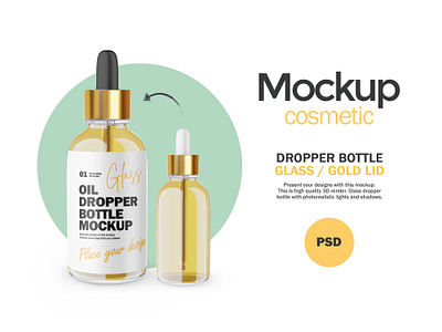 3D Glass Dropper Bottle With Gold Lid - PSD Mockup 3d beauty blender 3d cosmetic dropper bottle editable glass glossy gold lid mockup oil package photoshop pipette psd mockup render serum skin care template