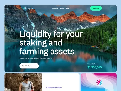 Depth Finance Website bitcoin blockchain clean layout crypto assets cryptocurrency defi design digital assets finance fintech investment lake landing page liquidity mountain landscape staking user interface ux design uxui website