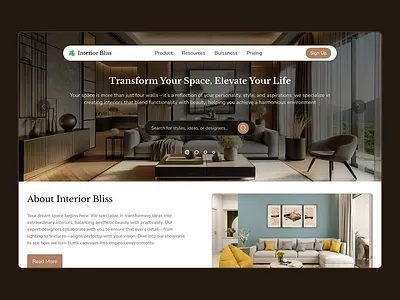 Interior Design Landing Page architecture cleanui dribbble elegantdesign homedecor interior design interior design website interiorbliss landingpage minimalistdesign ui webdesign