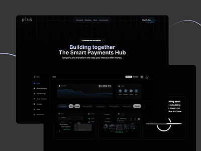 Plus – The Smart Payment Solution for Business blockchain dark mode digital wallet finance fintech landing page nft online banking online payments payments hub smart payments social payments staking tokens transfers user inerface ux design uxui website website design