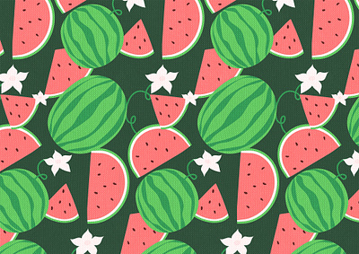 Watermelons pattern dark green drawing flowers fruit pink textile watermelons