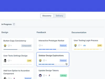 Design/Development Board agile avatar board card clean ui design details flow kanban segment control switcher uxui