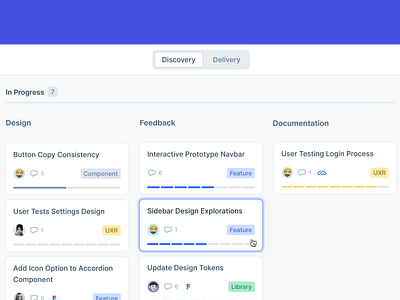 Design/Development Board agile avatar board card clean ui design details flow kanban segment control switcher uxui