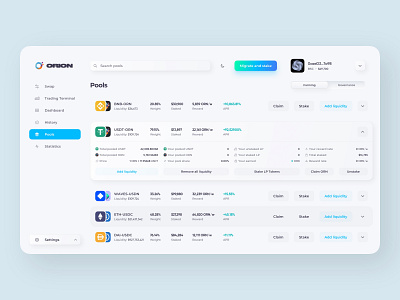 DeFi Dashboard Farming, Pools & Concepts blockchain crypto crypto design crypto pair cryptocurrency dapp defi desktop app farming finance liquidity orion pairs pools rewards sidebar staking technology trade trading