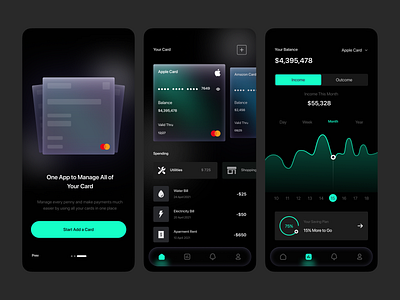 Cardist - Wallet Mobile App Exploration banking app card chart credit card dark debit card finance fintech glass landing minimalis mobile banking money neon onboarding payment statistic trending ui design wallet