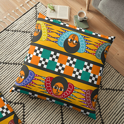 Ethiopian Colourful Angels Pattern Floor Pillow angels faces art branding design ethiopian religious art ethiopian traditional art graphic design illustration nahom shiferaw typography