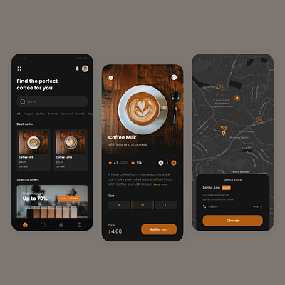 Coffee Shop App Dark Mode ux/ui application brown coffee app dark mode mobile app product design ui uiux ux