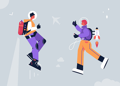 Jet pack astronauts aviator design flying high illustration jet pack jetpack rocket sky thrust