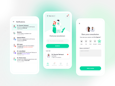 Beesiha for patient - Mobile app v2 app appointment clean doctor doctor appointment health healthcare illustration medical app medicine minimalist mobile notification patient app rate consultation rating ui ux