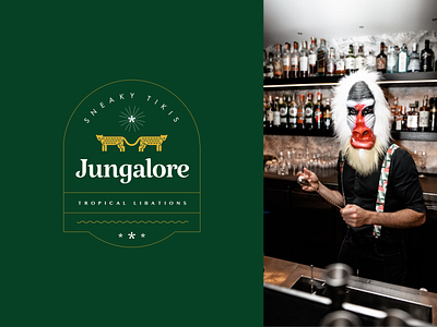 Jungalore Restaurant and Tiki Bar Logo badge bar brand identity branding cocktails dark design exotic food forest green jungle logo lounge luxury nature restaurant retro tiki tropical