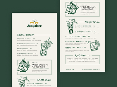 Jungalore Drinks Menu bar brand identity branding cocktails drinks explorer food illustration lounge luxury menu print restaurant retro tiki vintage