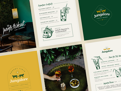 Jungalore Brand Identity badge bar brand identity branding cocktails drinks food forest green jungle logo luxury menu restaurant retro tiki vintage