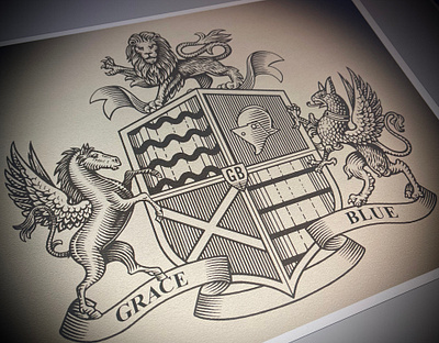 Grace & Blue Crest artwork coat of arms crest engraving etching illustration line art logo scratchboard steven noble