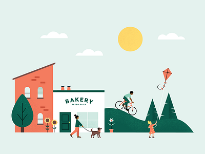 The neighborhood bakery bike building dog green illustration kite nature neighborhood neighbors outdoors shop spring street sun town vector walk