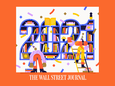 WSJ 🥳 Editorial Illustration 2021 2d illustration books celebration character character design colorful colorful illustration confetti editorial illustration geometric geometric illustration geometry illustration minimal reading shelves the wall street journal vector wsj