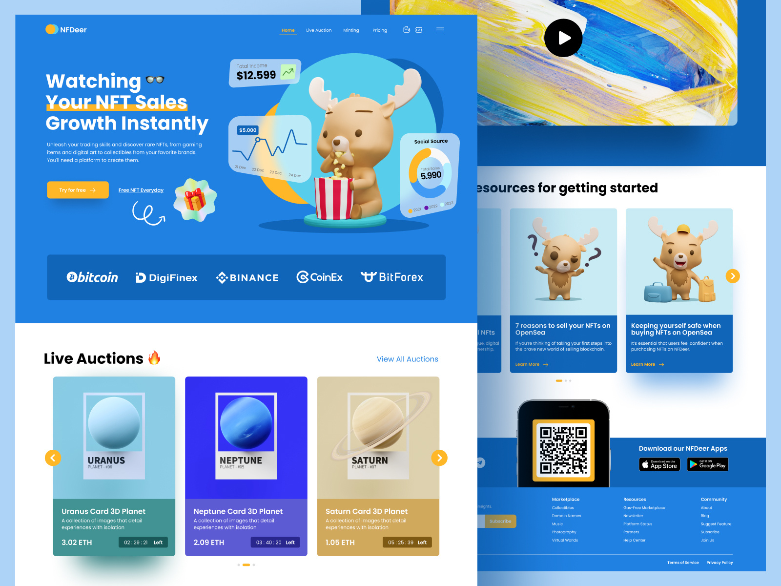 NFT Marketplace - Landing Page 3d 3dcharacter blue blurred background crypto deer illustration landingpage marketplace nft opensea ui ux webdesign