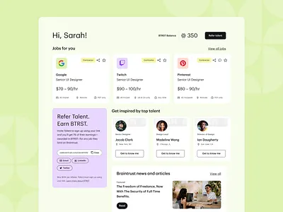 New Talent Dashboard 😎 braintrust btrst crypto dashboard dashboard designs design freelance gigs job search jobs my dashboard product design profile talent dashboard talent page talent search talents dashboard ui ux web3