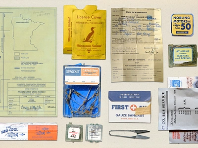 Tackle Box Graphic Props 60s annie atkins beth mathews film prop fish fishing graphic design for film hand written license los angeles map mock up packaging postcard props retro tackle box vintage vintage design wes anderson