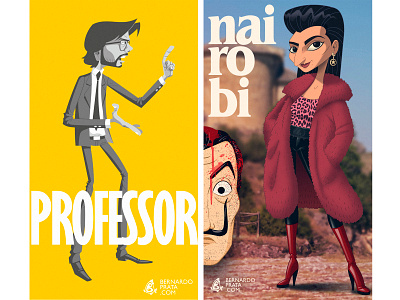 Professor & Queen Nairobi caricatura cartoon design de personagens ilustração la casa de papel nairobi netflix professor série