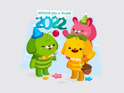 Happy New Year 2022 animal character design critter cute illustration kawaii new year 2022 vector