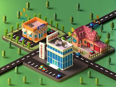 Helium City 3d b3d blender car city clean company crypto cycles green helium house illustration isometric miner network render smart store tree