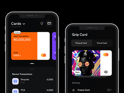 Grip App app app design cards dark dark mode dark theme dashboard debit cards design figma finance fintech interface iosappdesign mobile product ui uiux design ux