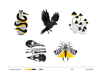 Inktober collection alcohol animal beautiful bird black bottle design digital illustration inktober minimal moth mushroom nature procreate raven simple skull snake yellow