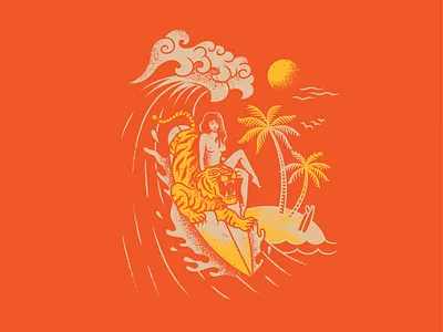 Happy New Year! design illustration palm surfing surfing girl symbol2022 tiger vector vintage