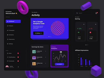 Statistics Dashboard Design and Animation analytics animation dark dark theme dashboard design earnings flat modern nfts statistics ui youtube