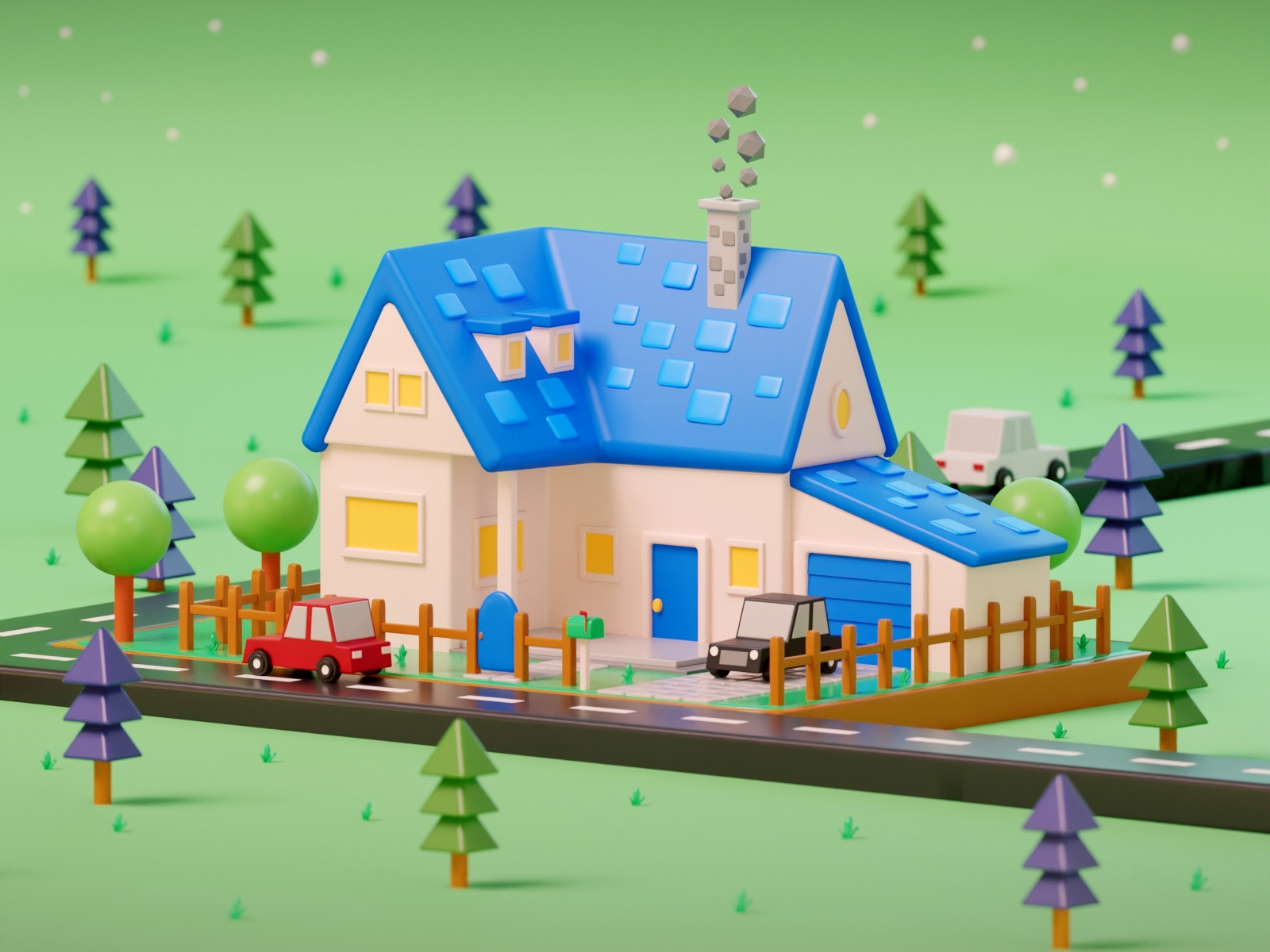 Simple House 3d 3d art blender blue car cycles design dreamland fantasy house illustration isometric lowpoly pink road smoke tree yellow