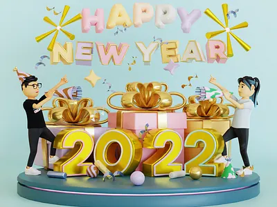 HAPPY NEW YEAR 2022 3d 3d modeling 3dcharacter 3ddesign 3dillustration animation blender design graphic design illustration logo ui