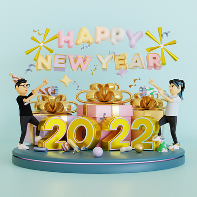 HAPPY NEW YEAR 2022 3d 3d modeling 3dcharacter 3ddesign 3dillustration animation blender design graphic design illustration logo ui