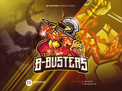 B-Busters 🪓🗡 - Gold Knight Mascot Logo axe branding cartoon cavalry character chivalry crusader design esport game gaming gladiator illustration knight logo logo designs mascot mascot logo paladin vector