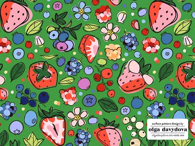 Berries Surface Pattern in Five Color Variations berries colorful design flat hand drawn illustration nature patter strawberry surface vector