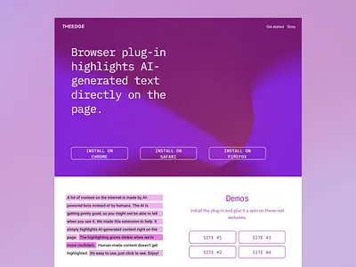 TheEdge - AI Text Generator Platform ai ai generated ai detection ai texts browser extension chrome installation content content creation content verification digital content firefox installation landing page product marketing purple text ui uxui web design web development web tools