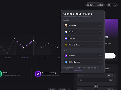 Crypto Trading & Staking SaaS Web App Dashboard - Connect Wallet btc connect wallet crypto crypto currency crypto trading dark mode dashboard eth exchange metamask modal product design saas trade trading transaction uiux web app web3 web3 crypto