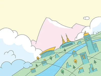 Mt Hood Over Portland, Oregon buildings city clouds flat design globe illustration mountain mt hood oregon pink portland river stadium tower vector