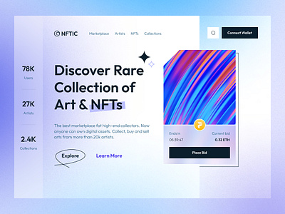 NFT Marketplace Landing Page bitcoin blockchain clean coin crypto cryptoart cryptocurrency ethereum hero hero section landing marketplace metaverse nft nft collection token ui user interface web website