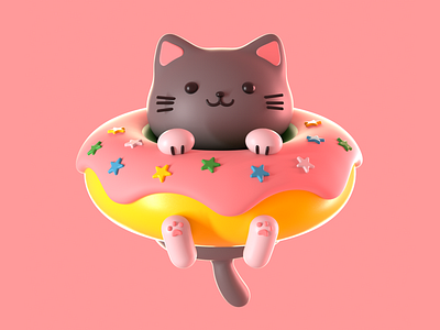 Donut Cat 3d 3dart c4d cat character cute donut fun illustration kitty octane pink project sprinkles