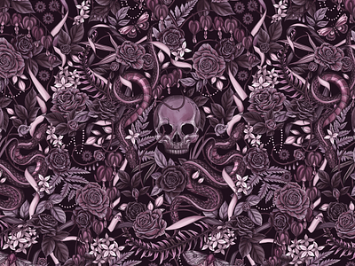 'Til Death: illustrated pattern by Maggie Enterrios botanical branding dark floral flowers illustration macabre packaging pattern sinister skull snake surface design tequila typography vines