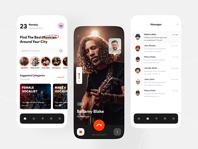 Musician Booking App akramhs app call screen chat screen design hire hire musician homepage message screen music musician musician booking musician booking app ui ui design ui ux uiux uix ux vocalist