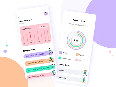 🏋🏻‍♂️Personal Activity App Concept activity app chart design cycling day wise exercise game goal golf graph gym ios app design line chart list minimal month pie chart running week year