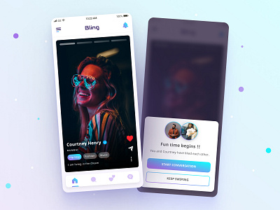 Bling Dating App Design app app design card chatting dating dating app design finder gradient homescreen match menu minimal mobile profile tabbar tabs tinder typography ui